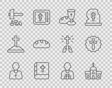 Kilise binası, ekmek, kutsal kitap, İsa 'nın çarmıha gerilmesi, ekmekli ekmek, dua pozisyonu ve Hıristiyan haçı ikonu. Vektör