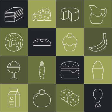 Sabit hat tavuk bacağı, tezgahta yumurta, muz, peynir, ekmek, çörek, kek ve kek ikonu. Vektör