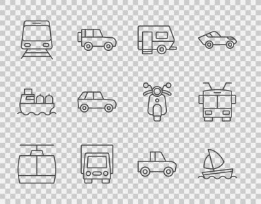 Cable Car, Yacht yelkenli, Rv Kamp karavanı, Teslimat kargo kamyonu, Tren ve demiryolu, Araba, Kamyonet ve Trolleybus ikonu. Vektör