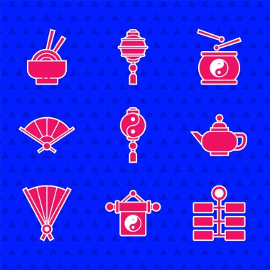 Set Yin Yang, Firework, Çin çay seremonisi, kağıt Çin fanı, davul ve Asya erişte kasesi ikonu. Vektör