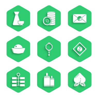 Çin kağıt feneri, Havai fişek, Şeftali meyvesi, Yin Yang, Sushi, ve zarf ve çay töreni ikonu koyun. Vektör