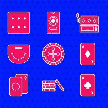 Kumarhane ruleti, çipleri, maça, elmas, iskambil destesi, poker masası, kumar makinesi ve zar simgesi ile kağıt oyna. Vektör