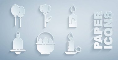 Paskalya yumurtalı sepet, yanan mum, zil, şamdan, çiçek lalesi ve balon kurdele ikonu. Vektör