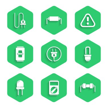 Elektrik prizi, Multimetre, direnç elektriği, LED ampul, ışık yayan diyot, anahtar, ünlem işareti üçgeni ve simgeyi ayarla. Vektör