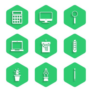 Takvimi ayarla, dolma kalem ucu silgiyle kalem ucu, kırtasiye bıçağı, kaktüs ve sulu tencere, dizüstü bilgisayar, büyüteç ve hesap makinesi simgesi. Vektör