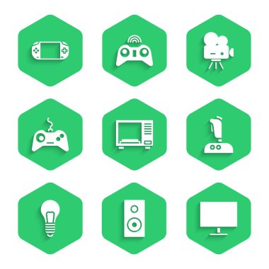 Mikrodalga fırını, Stereo hoparlörü, Bilgisayar monitörü, atari makinesi için Joystick, fikir konsepti olan ampul, Gamepad, Retro sinema kamerası ve taşınabilir video oyun konsolu simgesi ayarla. Vektör