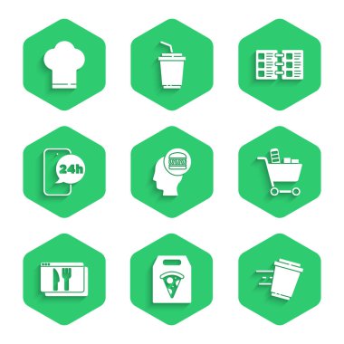 İnternetten sipariş ve teslimat, pizza, kahve fincanı, alışveriş arabası yemeği, yemek, restoran kafe menüsü ve şef şapkası ikonu. Vektör