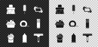 Süpürge seti, hijyenik tampon, sabun, köpüklü kova, prezervatif, lastik temizleyici, leğen ve diş ipi ikonu. Vektör