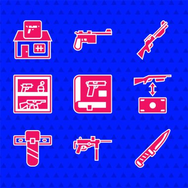 Kitaba tabanca ya da silah, makineli tüfek, askeri bıçak, saldırı tüfeği, bıçak kılıfı, av silahı ve ikon koyun. Vektör
