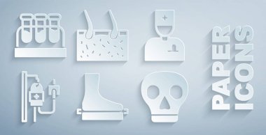 Düz ayak, erkek doktor, serum torbası, Kafatası, deriyi örten saç ve kan ikonuyla test tüpü. Vektör