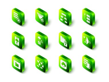 Filtre ayarı, Hiyerarşi organizogram şeması, Sunucu, Ağ bulut bağlantısı, Dizin ve kilit, Bulut teknoloji veri transferi ve Veri akışı simgesi. Vektör