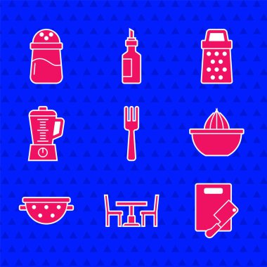 Fork 'u, tahta masayı, kesme tahtasını, et helikopterini, meyve sıkacağını, mutfak süzgecini, Blender' ı, Grater ve Salt ikonunu hazırla. Vektör