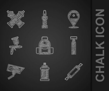 Okul çantası, boya spreyi, fosforlu kalem, güvenlik kamerası, silah ve ikon. Vektör