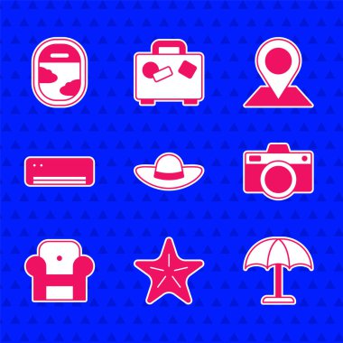 Zarif kadın şapkası, denizyıldızı, güneş koruyucu şemsiyesi, fotoğraf makinesi, Kol koltuğu, klima, konum ve uçak pencere simgesi. Vektör