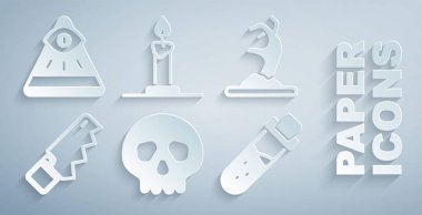 Kurukafa, zombi eli, el testeresi, iksirli şişe, şamdanda yanan mum ve Mason ikonu. Vektör