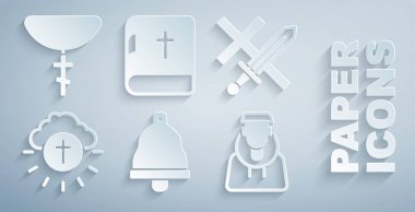 Kilise çanı, Haçlı Seferi, Dini Haç çemberi, Keşiş, Kutsal İncil kitabı ve Hıristiyan zinciri ikonu. Vektör