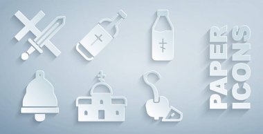 Kilise binası, kutsal su şişesi, çan, sihirli asa ve Haçlı Seferi ikonu. Vektör