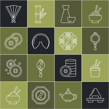 Kesme tahtasına, Asya eriştesi karton kutusuna ve yemek çubuklarına, Çin fenerine, çay seremonisine, şans kurabiyesine, Yuan parasına, kağıt çin fanı katlama vantilatörüne ve Yin Yang ikonuna çizgi çiz. Vektör