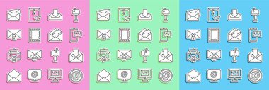 Satır satırı e- posta, Zarf, Mobil zarf, Gelen Kutusu, Posta damgası, Mesaj Kilidi Parolası ve Giden Simgesi 'ni ayarla. Vektör
