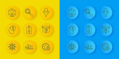 Satır Dolar, kimlik kartı, Yıldız, Grafik, şema, bilgi, bilgisayar monitörü, huni okları ve arama yapan insanlar için büyüteç. Vektör