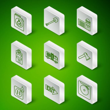 Alarm zilini, yangın çıkışını, yanıcı sıvılar için teneke kutuyu, kamyoneti, tıp hastanesi binasını, küreği, soket ateşinin elektrik kablolarını ve itfaiyeci balta ikonunu ayarla. Vektör