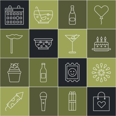 Kalp, Havai fişek, pasta yakan mumlar, şampanya şişesi, karışık punç kasesi, çubukta kağıt bıyık, doğum günü takvimi ve martini cam ikonu. Vektör