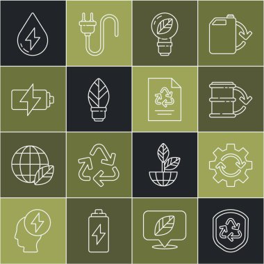 Çizgi Geri Dönüşüm sembolünü kalkan, dişli ve okları iş akışı, yanardağ yakıt varili, yapraklı ampul, pil, su enerjisi ve kağıt geri dönüşüm simgesi olarak ayarla. Vektör