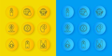 Temiz su geri dönüşüm hattı, yapraklı konum, güneş enerjisi paneli, plastik torba geri dönüşümü, baş ve elektrik sembolü, bir şişe su, Dünya 'yı tutan eller ve gezegen ikonu. Vektör