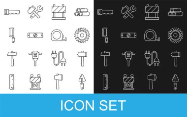 Hat Trowel, Hammer, dairesel testere bıçağı, yol bariyeri, inşaat baloncuk seviyesi, testere, El ve Rulet inşaat ikonu. Vektör