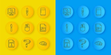 Satır Metni dosya belgesi, Boya fırçası, çapraz cetvel ve kalem, Kırmızı göz efekti, Resim manzarası, Bilgisayar monitörü imleci, Silgi kauçuğu ve Pipette simgesi. Vektör