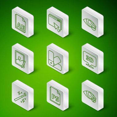 Satır Kırmızı Göz Efekti, PS Dosya Belgesi, AE dosyası, Renk Palet Rehberi, Grafik Tableti, Web Tasarım ve Geliştirme, Metin 3D simgesi olan Sihirli değnek ve Konuşma Kabarcığı. Vektör