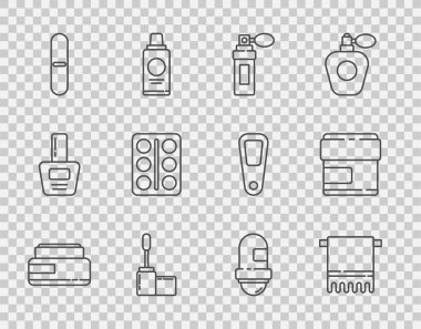 Krem veya losyon kozmetik tüpü, havlu askısı, parfüm, Mascara fırçası, tırnak törpüsü, göz farı paleti, terleme önleyici deodorant rulo ve ikon. Vektör