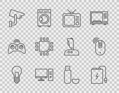 Hat ampulünü fikir kavramına göre ayarla, Güç Bankası kablosu, Retro TV, Bilgisayar monitörü, güvenlik kamerası, işlemci mikrodevreleri, USB flash disk ve kablosuz bilgisayar fare simgesi. Vektör