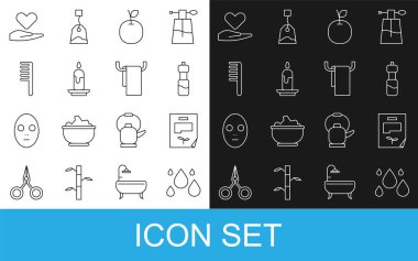 Hattı kurun. Su damlası, Yaprak dökümanı, bir şişe su, elma, yanan mum, saç fırçası, elde kalp ve havlu askı ikonu. Vektör