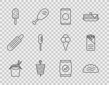 Sıraya dizilmiş Asya eriştesi ve çubukları tortilla ile Taco, Soda saman, ızgara şiş kebap, dondurma, kızarmış sosis, patates cipsi ve çörek ikonu. Vektör