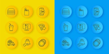 Arabayla hızlı teslimat, paket kahve fincanı, kafe ve restoran yeri, Tabak, Online pizza siparişi, Burger, Yemek ve Alışveriş poşeti ikonu. Vektör