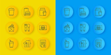 Hazır kahve fincanı, Asya eriştesi, yemek çubuğu, çatal kaşığı, kağıt para, online hamburger siparişi ve ikon. Vektör