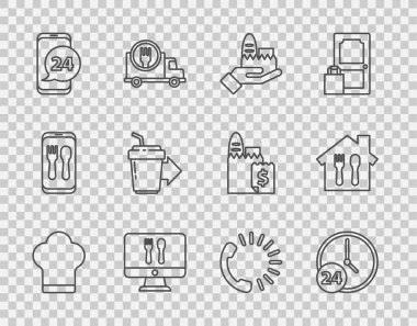 Şef şapkası, saat 24 saat, online sipariş ve teslimat, yiyecek, kahve fincanı ve ikon hazır. Vektör