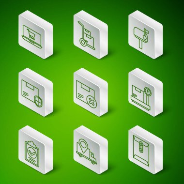 Hat Envelope, Delivery izleme, dizüstü bilgisayarda alışveriş arabası, karton karton kutu ve silme, kalkanlı güvenlik, el arabası kutuları, dağıtım listesi dosyalarının doğrulanması ve ölçek simgesi. Vektör