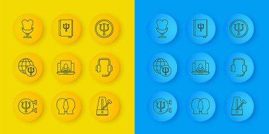 Psikoloji, Psi, Psikolog, Metronom, sarkacı, Kol Sandalyesi ve kitap ikonu. Vektör