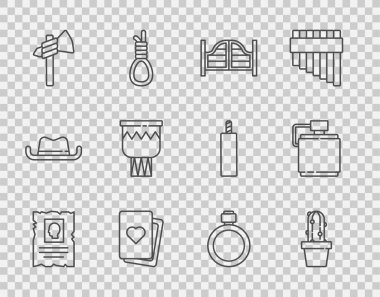 Set hattı istenen batı posteri, esrar içinde kaktüs peyote, salon kapısı, iskambil kağıdı, Tomahawk baltası, Drum, kantin su şişesi ve ikon. Vektör