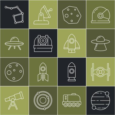 Set hattı Planet, Kozmik Gemi, UFO uçan uzay gemisi, Asteroid, Astronomik Gözlemevi, Büyük Ayı Takımyıldızı ve Roket ikonu. Vektör