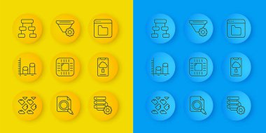 Satır akışını, analizi, işlemciyi işlemci, sunucu ve donanım ile ayarla, Bulut teknoloji veri transferi, Hiyerarşi organogram şeması, Tarayıcı dosyaları ve filtre ayarı simgesi. Vektör