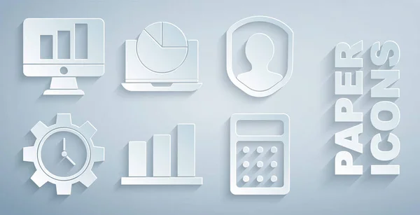 Imposta l'infografica del grafico a torta, la protezione dell'utente, la gestione del tempo, la calcolatrice, il computer portatile e l'icona Monitor. Vettore — Vettoriale Stock
