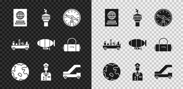 Set Reisepass, Radar, Kompass, Weltweit, Pilot, Passagierleiter zum Einsteigen, Flughafengepäckschlepper und Luftschiff-Symbol. Vektor — Stockvektor