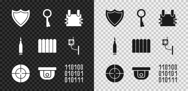 Комплектация Shield, старый ключ, пуленепробиваемый жилет, спортивная мишень, датчик движения, бинарный код и деревянная иконка садового забора. Вектор — стоковый вектор