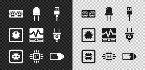 Set Electrical outlet, Light emitting diode, USB cable cord, Processor with microcircuits CPU, Battery charge level indicator, light switch and measuring instruments icon. Vector — Stock Vector
