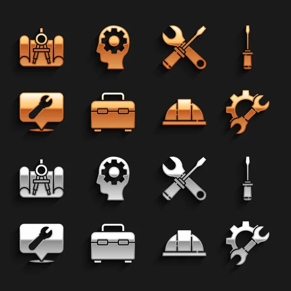 Toolbox, Screwdriver, Wrench spanner and gear, Worker Safety helmet, Location with wrench, Graphing paper compass, and Human head in icon. Vector — 스톡 벡터