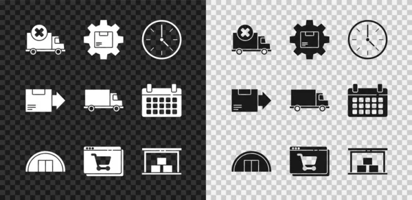 Набор Доставка грузовой автомобиль, колесо передач с коробкой упаковки, часы, склад, онлайн покупки на экране, картон и значок. Вектор — стоковый вектор
