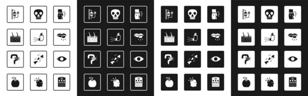 Set Hinchazón abdominal, Inhalador, Cubierta capilar de la piel, bolsa IV, labio herpes, cráneo, ceguera y estreñimiento intestinal icono. Vector — Archivo Imágenes Vectoriales
